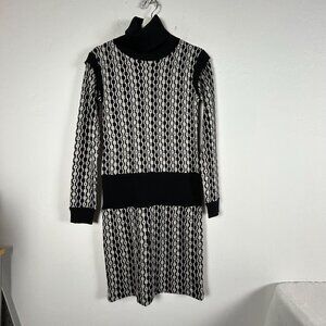 Nicole Miller New York Black White Geometric Knit Turtleneck Sweater Dress P/S